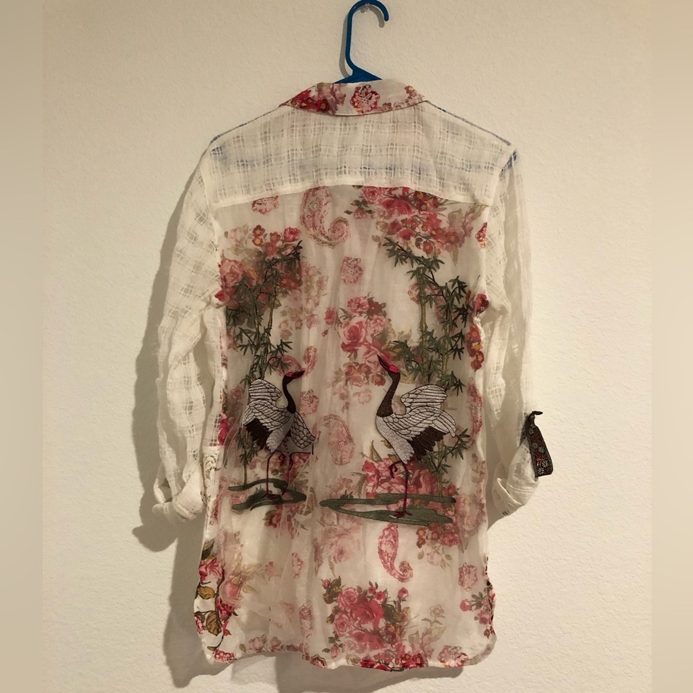 John Mark Sheer Floral Top with Cranes - White and Red Floral Boho Small